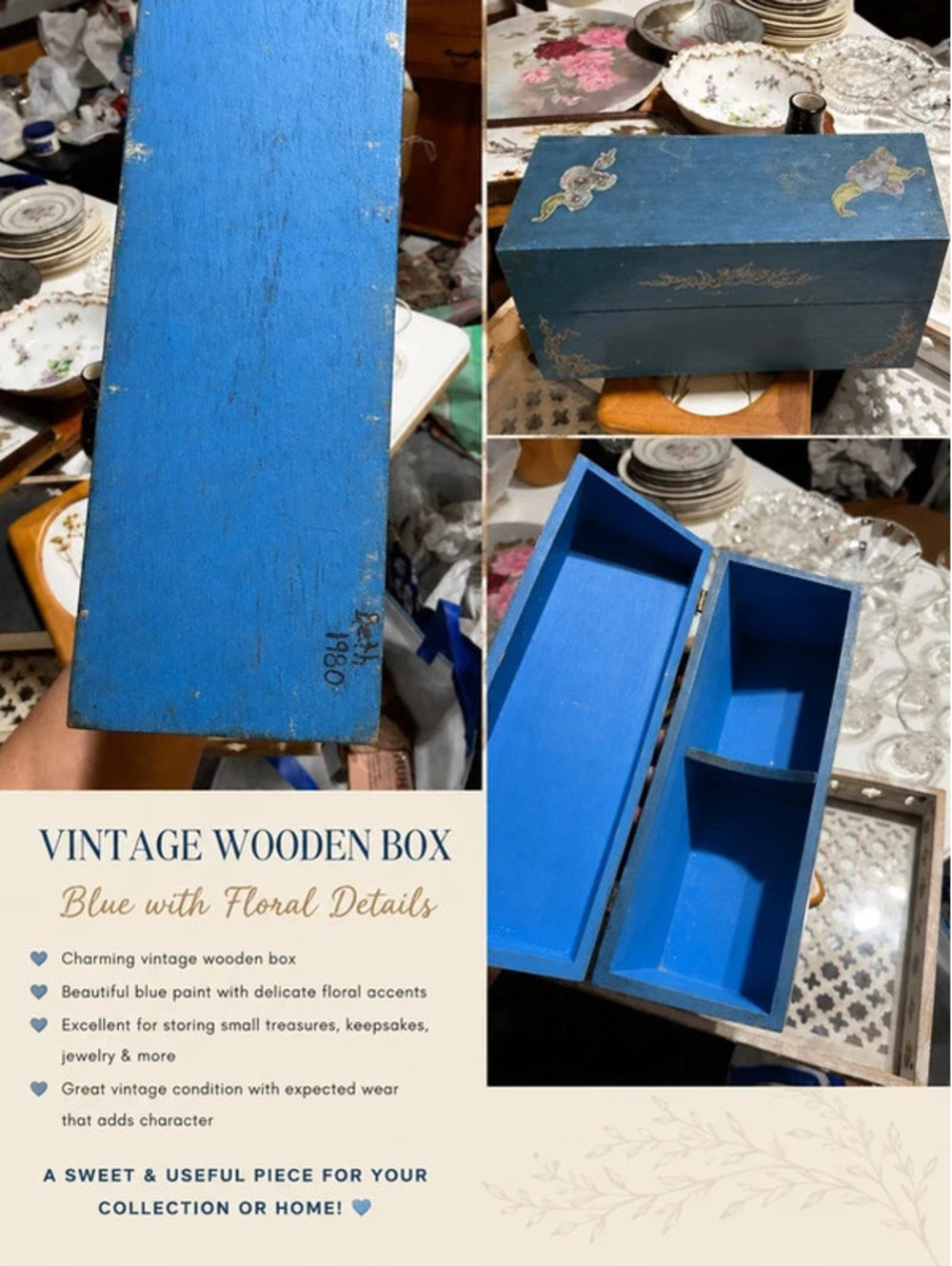 Vintage Blue Hand-Painted Wooden Keepsake Box – Floral Design